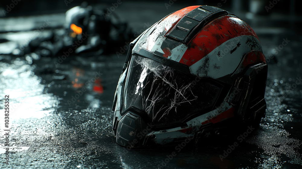 A futuristic helmet lies on a wet, gritty surface, its visor cracked and scratched, suggesting a battle or a harsh environment. A futuristic helmet lies on a wet, gritty surface, its visor cracked and scratched, suggesting a battle or a harsh environment.