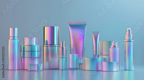 Various holographic cosmetic packaging, tubes, and bottles with hand cream, makeup, and skin care products. 3D realistic mockup of blank containers with iridescent holograms.