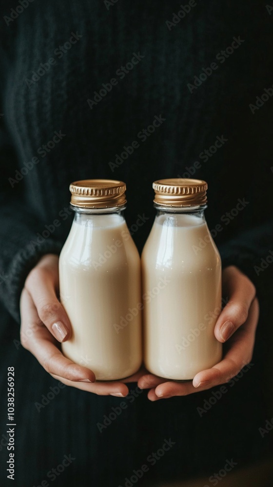 Hands gently cradle two small glass bottles of fresh milk against a dark background, symbolizing nourishment and care in a minimalist composition. Hands gently cradle two small glass bottles of fresh milk against a dark background, symbolizing nourishment and care in a minimalist composition.