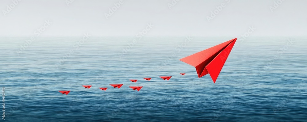 A large red paper airplane flying over calm water, leaving a trail of smaller red paper airplanes behind it, symbolizing creativity and innovation. A large red paper airplane flying over calm water, leaving a trail of smaller red paper airplanes behind it, symbolizing creativity and innovation.