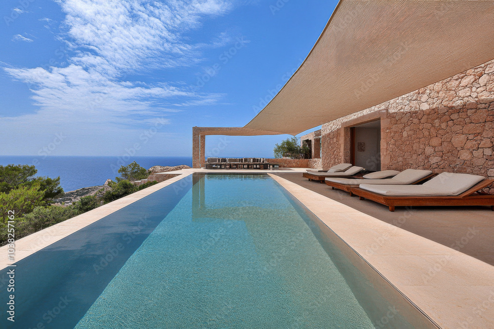Fototapeta premium Luxury villa with infinity pool overlooking the ocean in a sunny coastal location