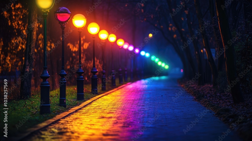 A line of colorful streetlights glowing in vibrant hues, lighting up a nighttime path with an enchanting and eye-catching effect A line of colorful streetlights glowing in vibrant hues, lighting up a nighttime path with an enchanting and eye-catching effect