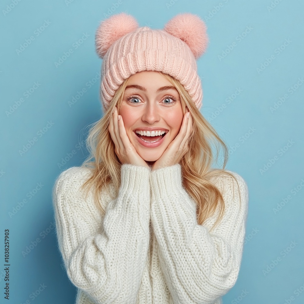 Rosy-hatted woman poses on blue background. Rosy-hatted woman poses on blue background.
