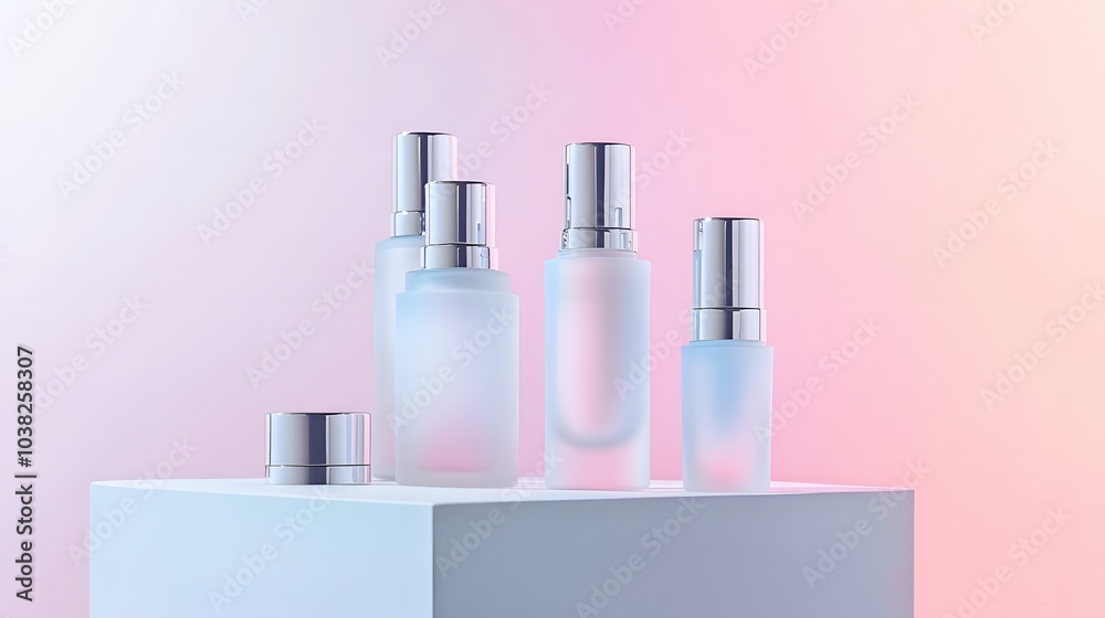 A collection of elegant cosmetic bottles on a display, showcasing beauty products. A collection of elegant cosmetic bottles on a display, showcasing beauty products.
