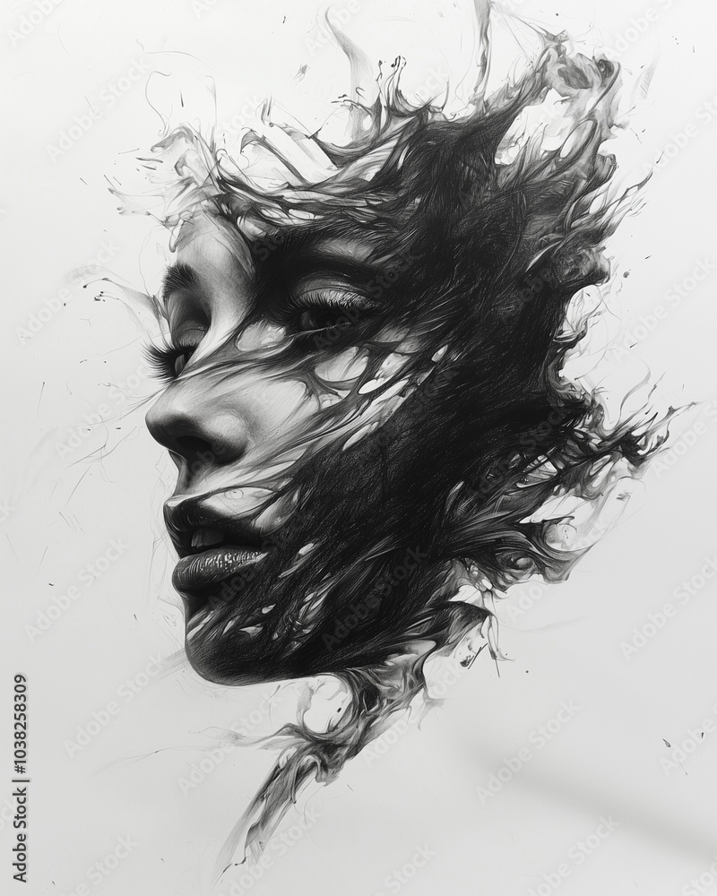 Fototapeta premium female profile dissolving into chaotic strokes, blending realism with abstract elements