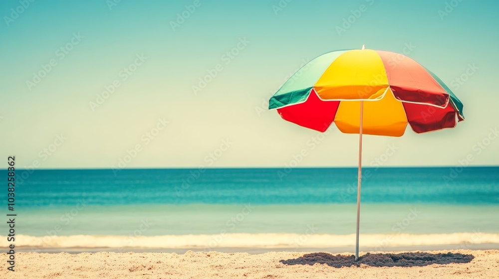 Vibrant beach umbrella under a serene blue sky, picture of summer paradise Vibrant beach umbrella under a serene blue sky, picture of summer paradise
