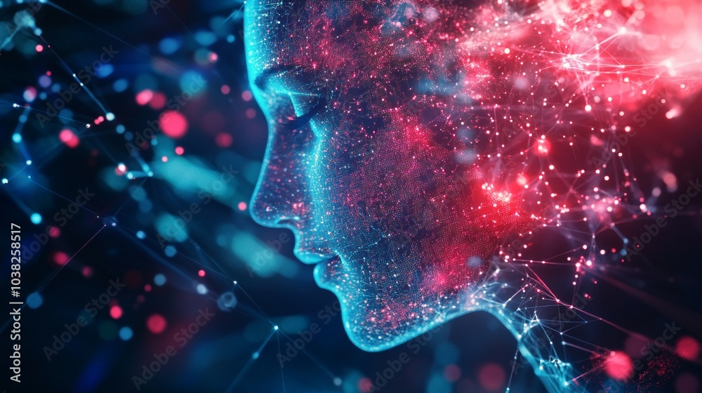 Futuristic profile silhouette merging with vibrant cosmic particles, symbolizing the fusion of human consciousness and advanced technology in a digital universe. Futuristic profile silhouette merging with vibrant cosmic particles, symbolizing the fusion of human consciousness and advanced technology in a digital universe.