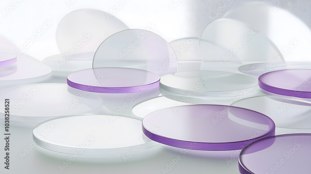 Obraz premium Elegant and modern visual representation of transparent purple lenses placed on white circular glass, arranged in a visually appealing composition.