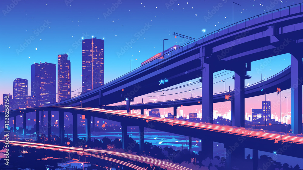 Fototapeta premium 1970年代、1980年代のシティポップをイメージしたグラフィックアート-橋と夜の都会,レトロポップ,懐かしい,エモーショナル,チル,背景素材