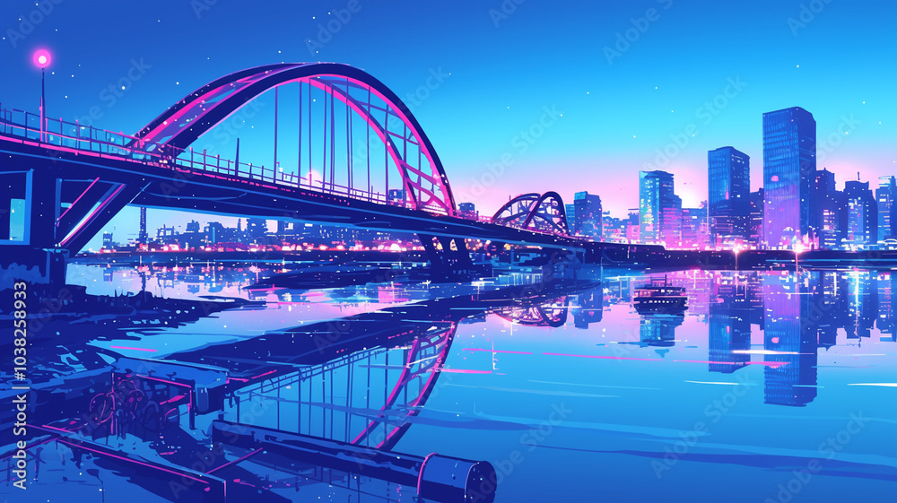 Obraz premium 1970年代、1980年代のシティポップをイメージしたグラフィックアート-橋と夜の都会,レトロポップ,懐かしい,エモーショナル,チル,背景素材