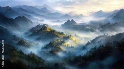 A peaceful mountain landscape shrouded in morning mist, with soft light illuminating the fog, creating a serene and untouched view