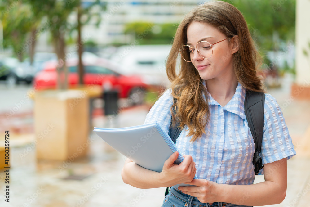 Obraz premium Young redhead student woman at outdoors with happy expression