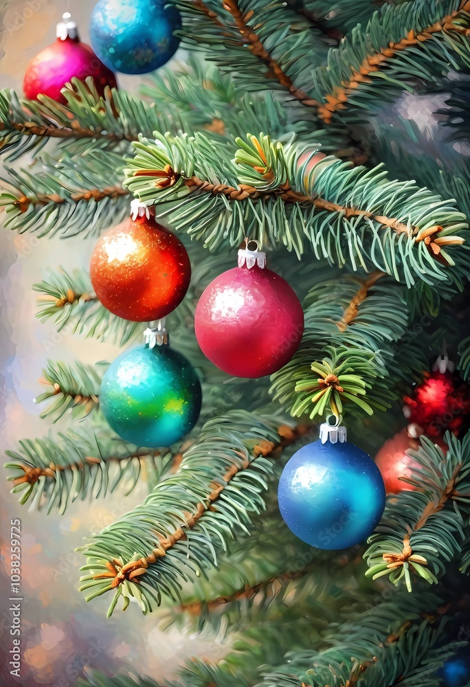 Sparkling ornament balls in vibrant red, pink, green and blue hang from a lush spruce tree branch. Soft, warm lights twinkle enhancing festive spirit of Christmas. Happy New Year. Art drawing. AI Sparkling ornament balls in vibrant red, pink, green and blue hang from a lush spruce tree branch. Soft, warm lights twinkle enhancing festive spirit of Christmas. Happy New Year. Art drawing. AI