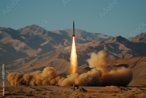 Ballistic missile is launching from a desert area, creating a large plume of smoke and dust photo