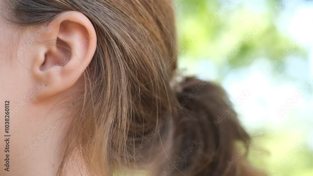 close-up of a cheerful young woman's ear talking to someone close-up of a cheerful young woman's ear talking to someone