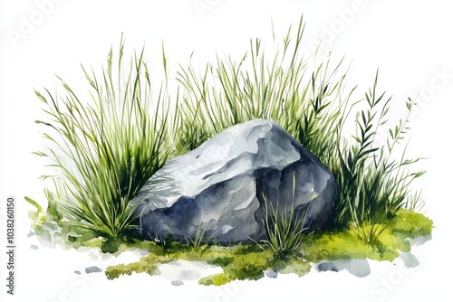 Vector watercolor of grass with rock for landscape and architecture drawing, elements for environment and garden, painting botanical for section,meadows or moss,green area 