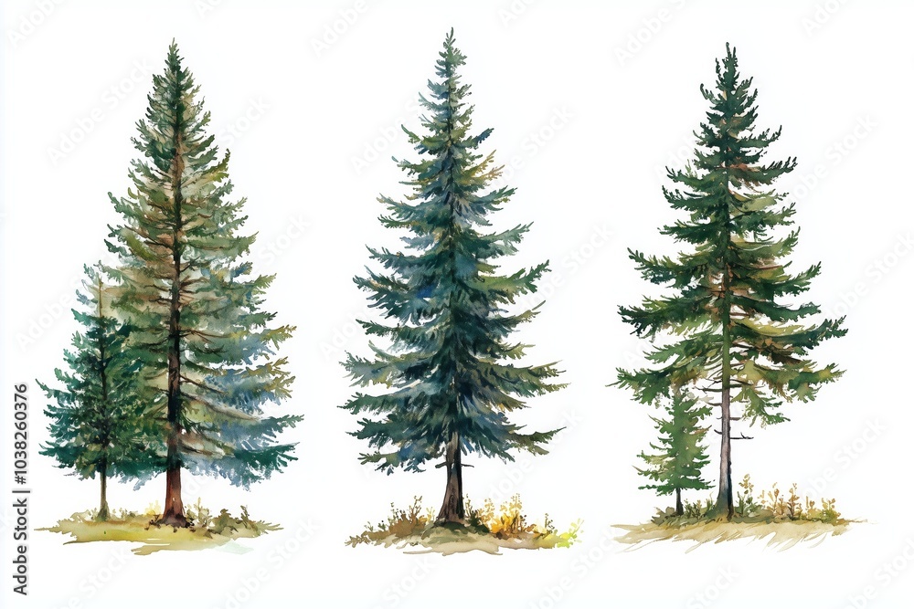 Fototapeta premium Vector watercolor tree side view isolated on white background, Forest trees illustration EPS, Green pine, blue spruce, lush ash, beige bush, Set of hand drawn trees 