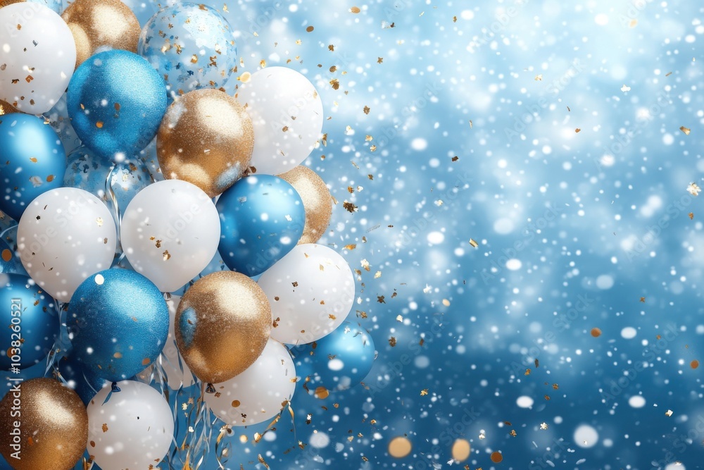 Holiday background with golden and blue metallic balloons, confetti and ribbons. Festive card for birthday party, anniversary, new year, christmas or other events Holiday background with golden and blue metallic balloons, confetti and ribbons. Festive card for birthday party, anniversary, new year, christmas or other events