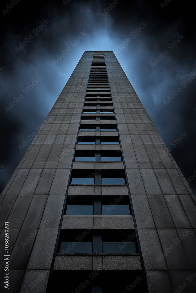 Tall modern building illuminated under an overcast sky at dusk in an urban environment Tall modern building illuminated under an overcast sky at dusk in an urban environment