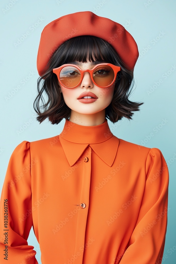 Fashionable model wearing vibrant orange attire and accessories, posed against a pastel background. Fashionable model wearing vibrant orange attire and accessories, posed against a pastel background.