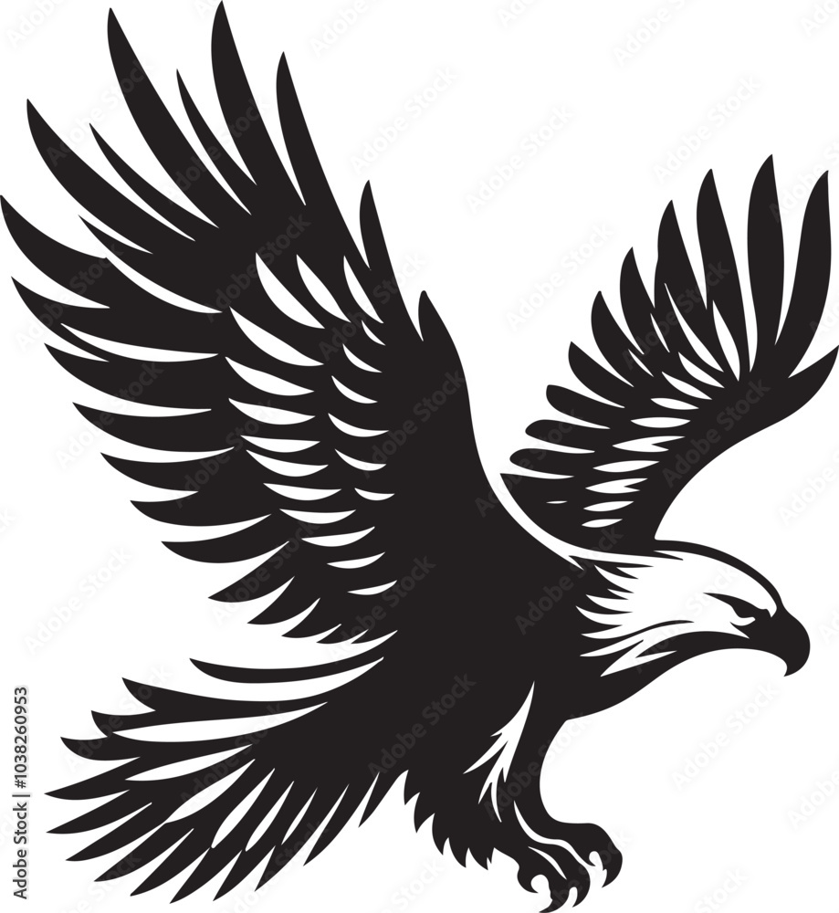 Obraz premium Black silhouette flying eagle with white background