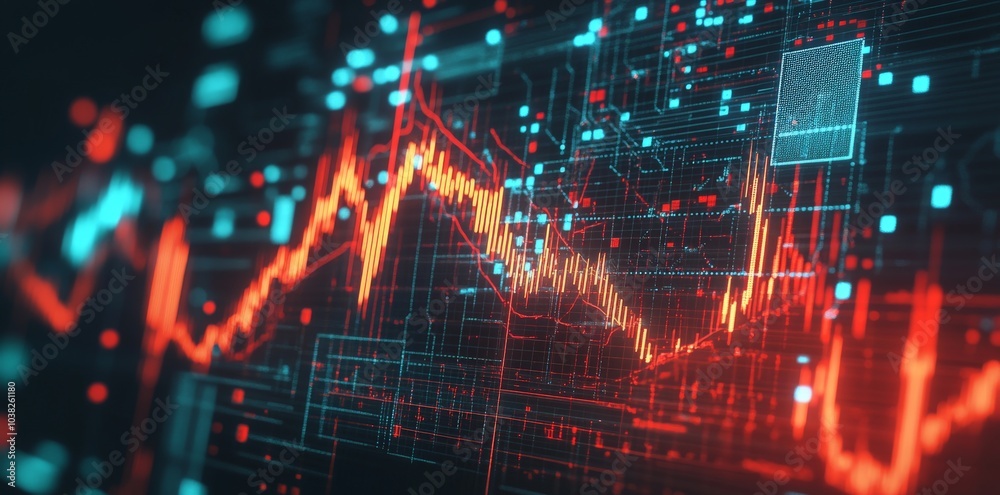 Abstract Digital Data Display with Red and Blue Lines and Grid