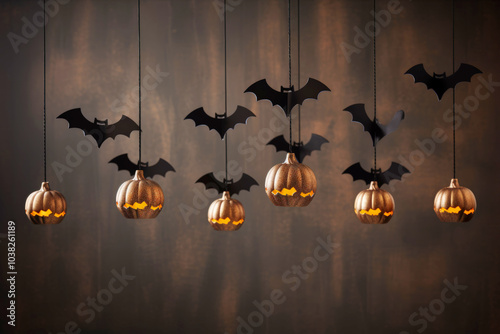 The  bat-shaped decoration hanging above a group of carved pumpkins photo