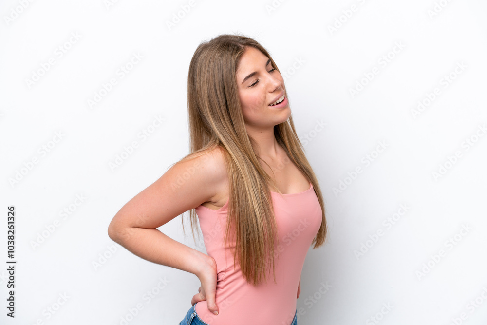 Young caucasian woman isolated on white bakcground suffering from backache for having made an effort Young caucasian woman isolated on white bakcground suffering from backache for having made an effort