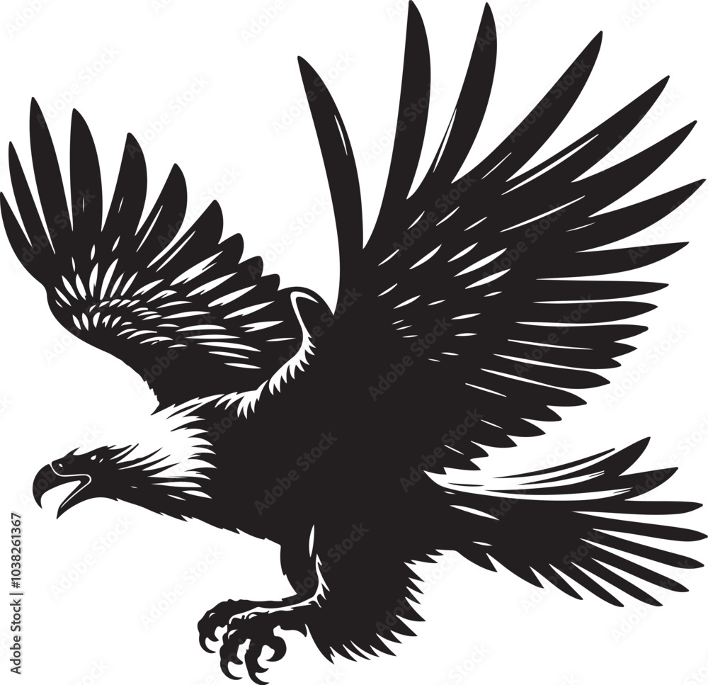 Obraz premium Black silhouette flying eagle with white background