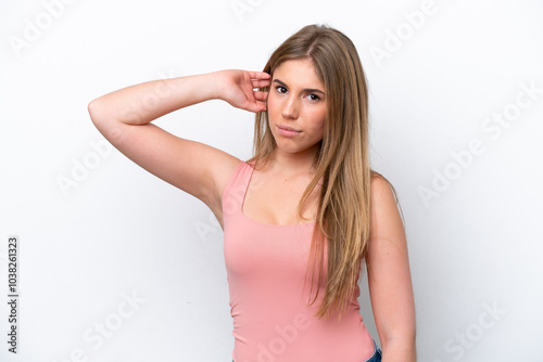 Young caucasian woman isolated on white bakcground having doubts