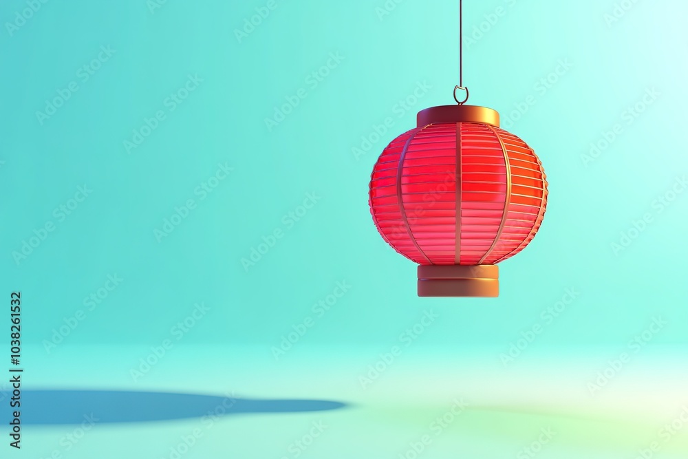 Obraz premium Red Asian lantern hanging against soft blue backdrop