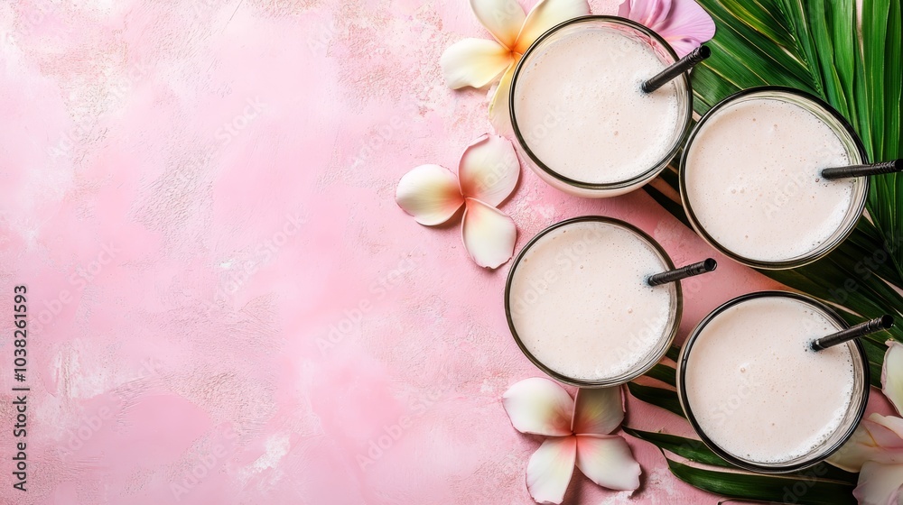 Pink perfection, a minimalist still life with milk and flowers on vibrant backdrop Pink perfection, a minimalist still life with milk and flowers on vibrant backdrop
