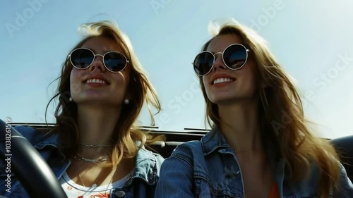 two girls in open top car wearing sungalsses photo