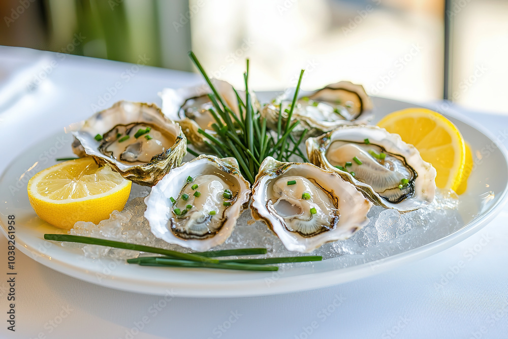 A beautifully presented plate of oysters with lemon on ice A beautifully presented plate of oysters with lemon on ice