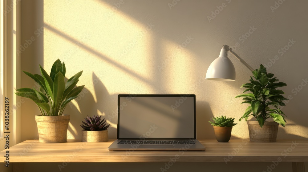 Fototapeta premium The Workspace with Laptop Plants