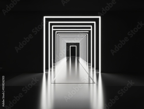 Dark geometric tunnel with bright, glowing square frames in a symmetrical design.