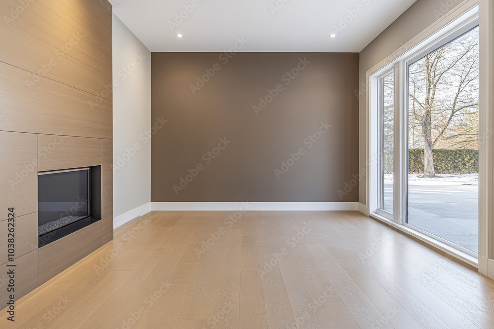 Modern living room with large windows and minimalistic design featuring a sleek fireplace Modern living room with large windows and minimalistic design featuring a sleek fireplace