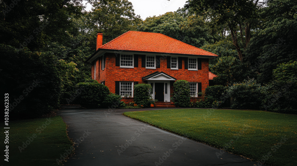 Charming red brick house surrounded by lush greenery on a cloudy afternoon Charming red brick house surrounded by lush greenery on a cloudy afternoon