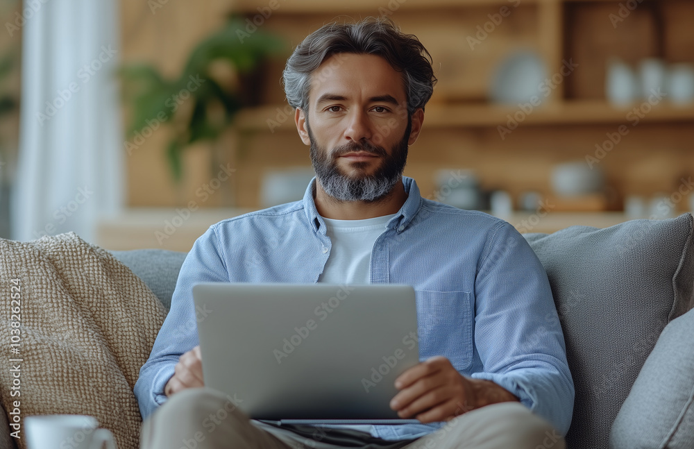 A man in casual working on his laptop from home A man in casual working on his laptop from home