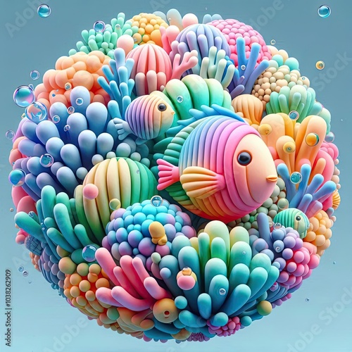 Colorful cartoon fish swimming in a blue, tropical ocean with coral reefs