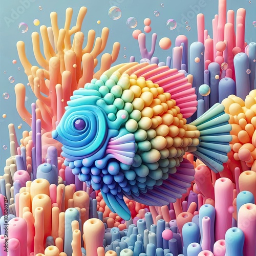 Colorful cartoon fish swimming in a blue, tropical ocean with coral reefs