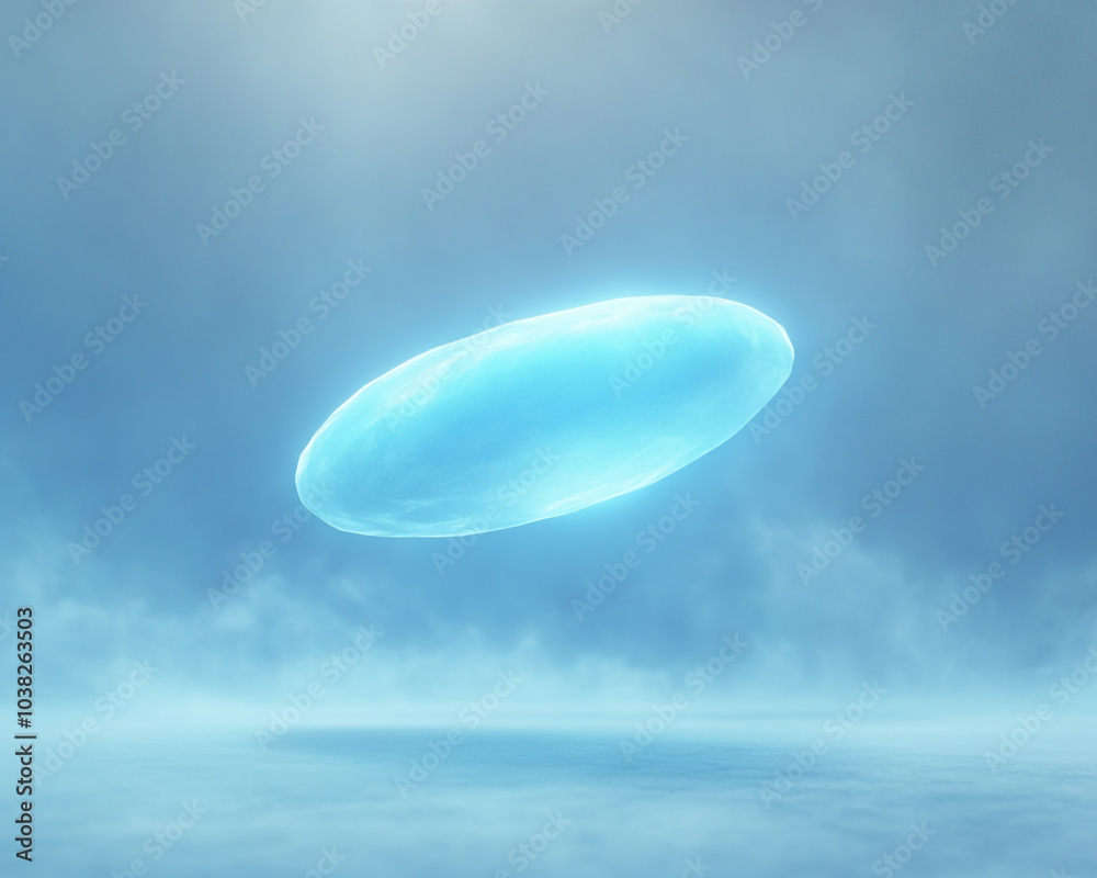 Smooth glowing object floating against a misty blue backdrop Smooth glowing object floating against a misty blue backdrop