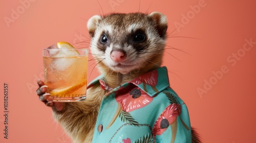 Fototapeta Naklejka Na Ścianę i Meble -  A fashionable ferret in a polo shirt, holding a glass of gin and tonic, against a coral studio backdrop