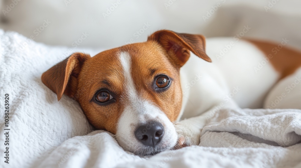 Portrait of a cute dog lying on a bed at home.