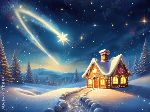christmas landscape with house and a star