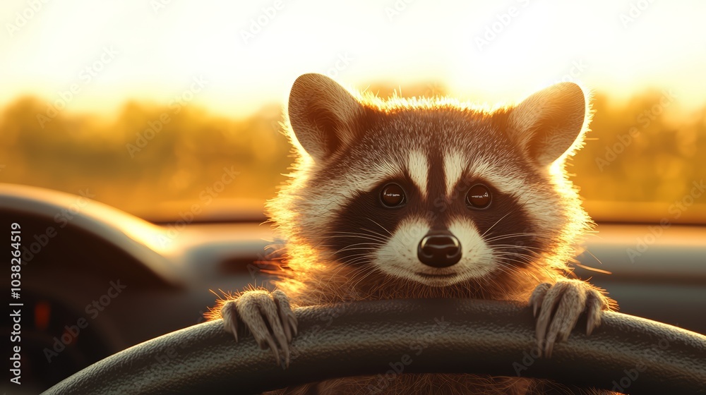 Fototapeta Raccoon driving a car with warm sunlight in the background, whimsical and playful scene.