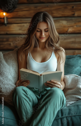  happy woman reading book on the sofa