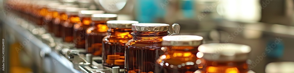 jars with medicine on the conveyor. selective focus jars with medicine on the conveyor. selective focus