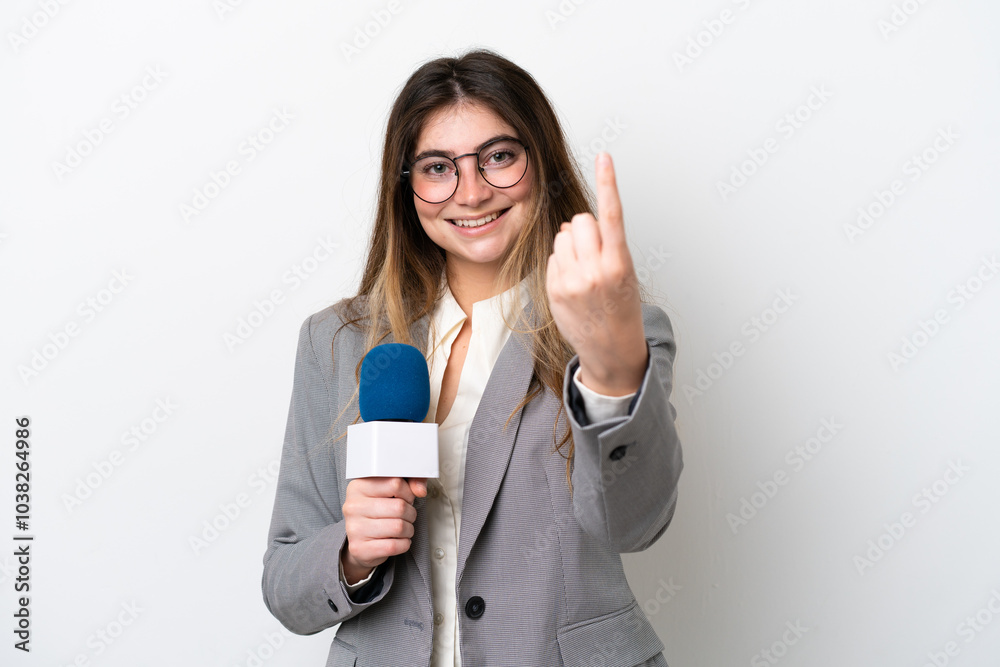 Young caucasian TV presenter woman isolated on white background doing coming gesture Young caucasian TV presenter woman isolated on white background doing coming gesture