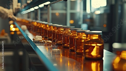 Wallpaper Mural jars with medicine on the conveyor. selective focus Torontodigital.ca